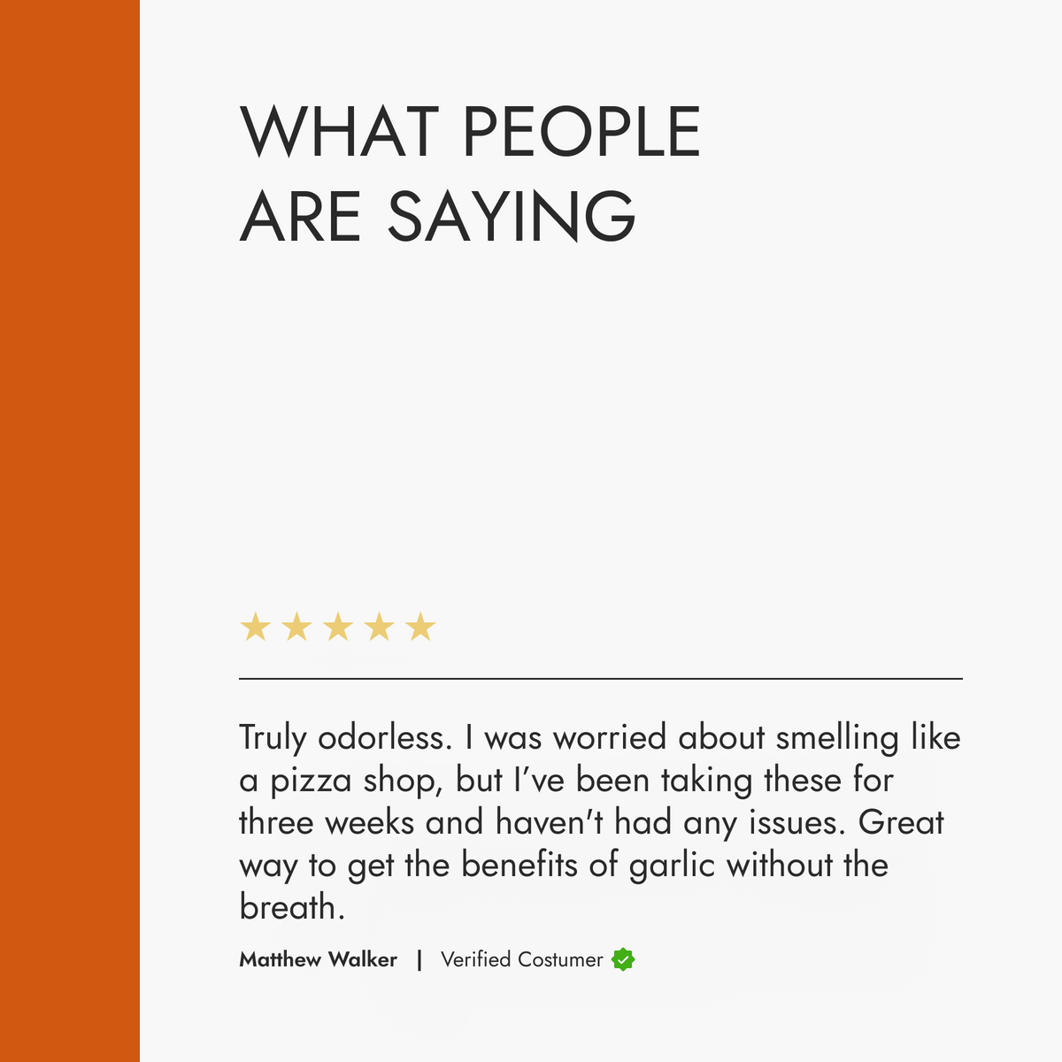 Product review section with a five-star rating and customer feedback on a white background.