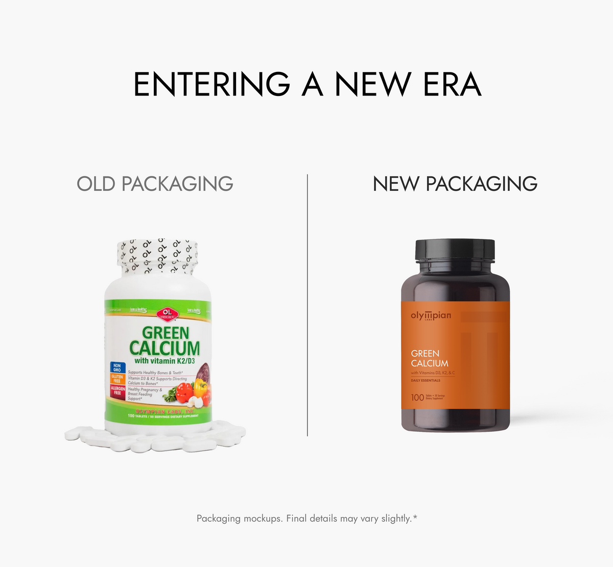 Comparison of old and new packaging for Green Calcium supplements on a white background.