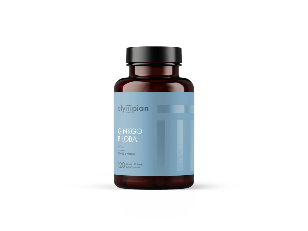 Supplement bottle with blue label on a white background