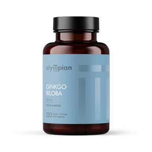 Supplement bottle labeled 'Ginkgo Biloba' with a blue label on a white background