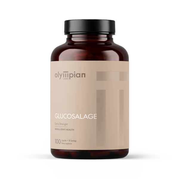 Brown Olympian Labs supplement bottle labeled Glucosalage on a white background