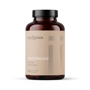 Brown Olympian Labs supplement bottle labeled Glucosalage on a white background