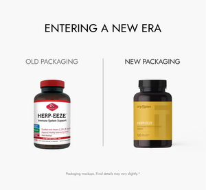 Comparison of old and new Herp-Eeze supplement packaging on a white background.