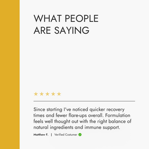 Product review section with a five-star rating and customer testimonial on a white background with yellow sidebar.