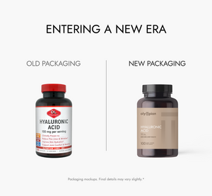 Comparison of old and new supplement bottle packaging on a white background