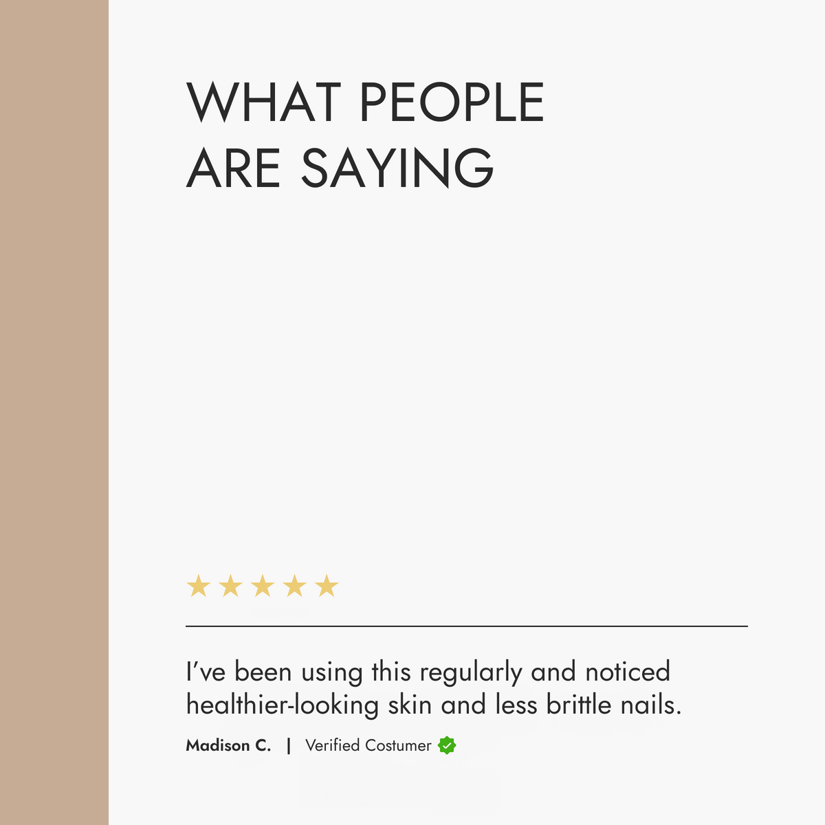 Placeholder image with text 'WHAT PEOPLE ARE SAYING' and a five-star rating, featuring a brown and white color scheme.