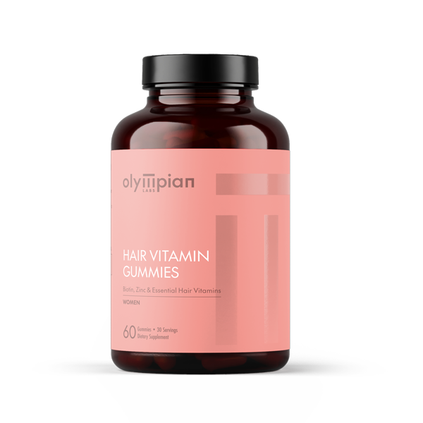 Bottle of Olympian Labs hair vitamin gummies on a white background
