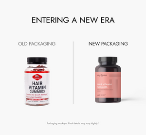 Comparison of old and new packaging for a hair vitamin gummies product on a white background.