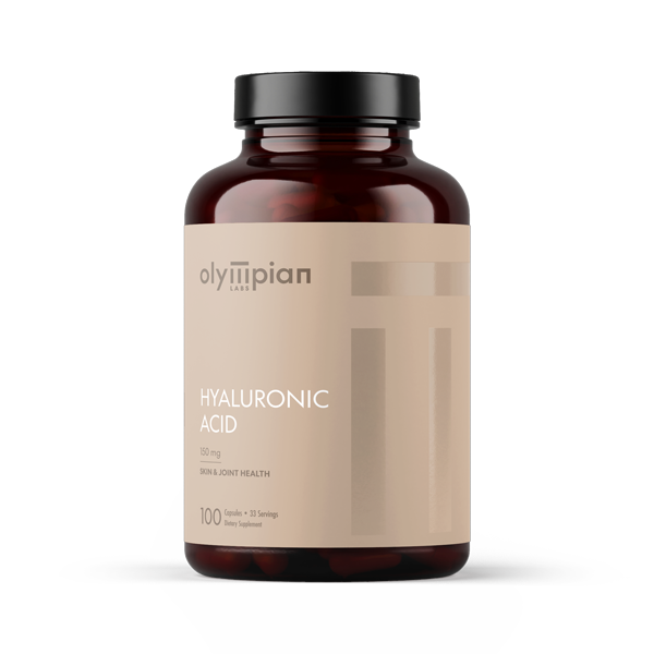 Bottle of Olympian Hyaluronic Acid supplement on a white background