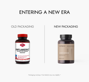 Comparison of old and new packaging for Inflameric and Joint Defense supplements on a white background.