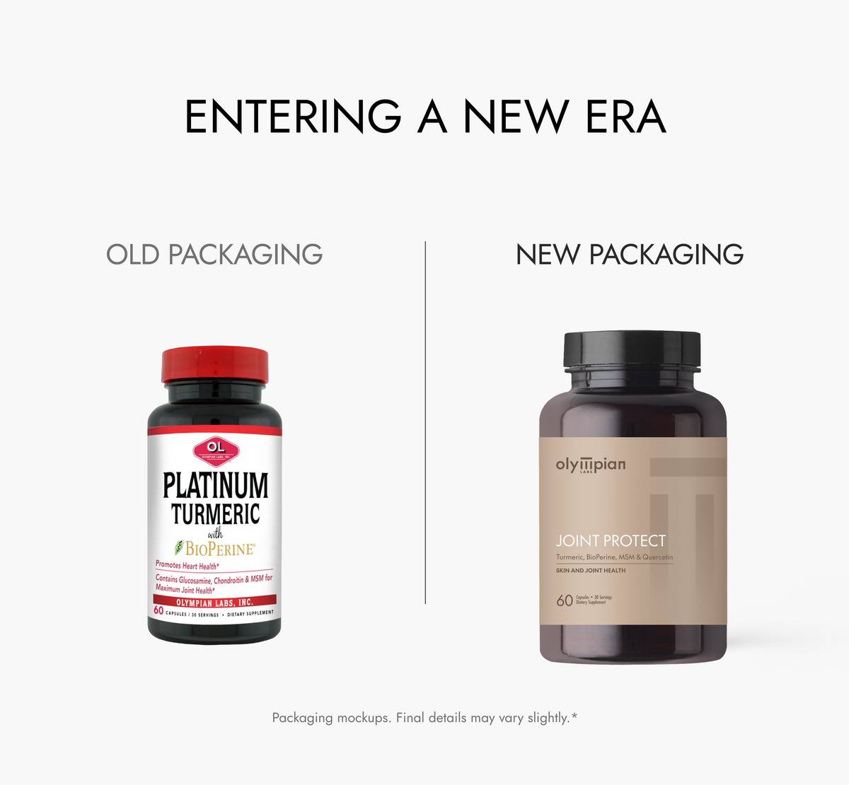 Comparison of old and new supplement packaging for Platinum Turmeric and Olympian Labs Joint Protect.