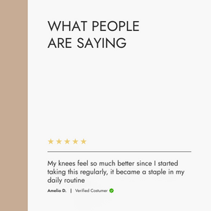 Product review section with customer testimonial and rating on a white background