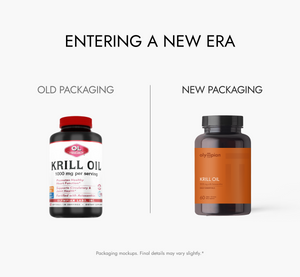 Comparison of old and new packaging for a krill oil supplement bottle.