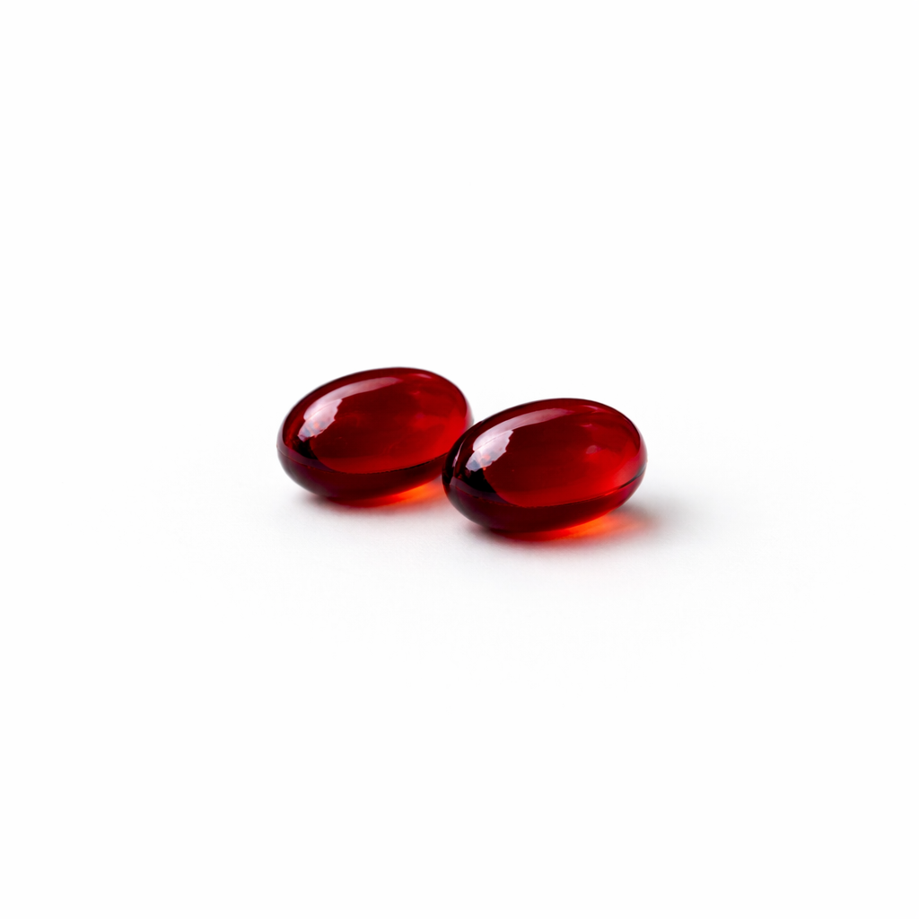 Two red capsules on a white background