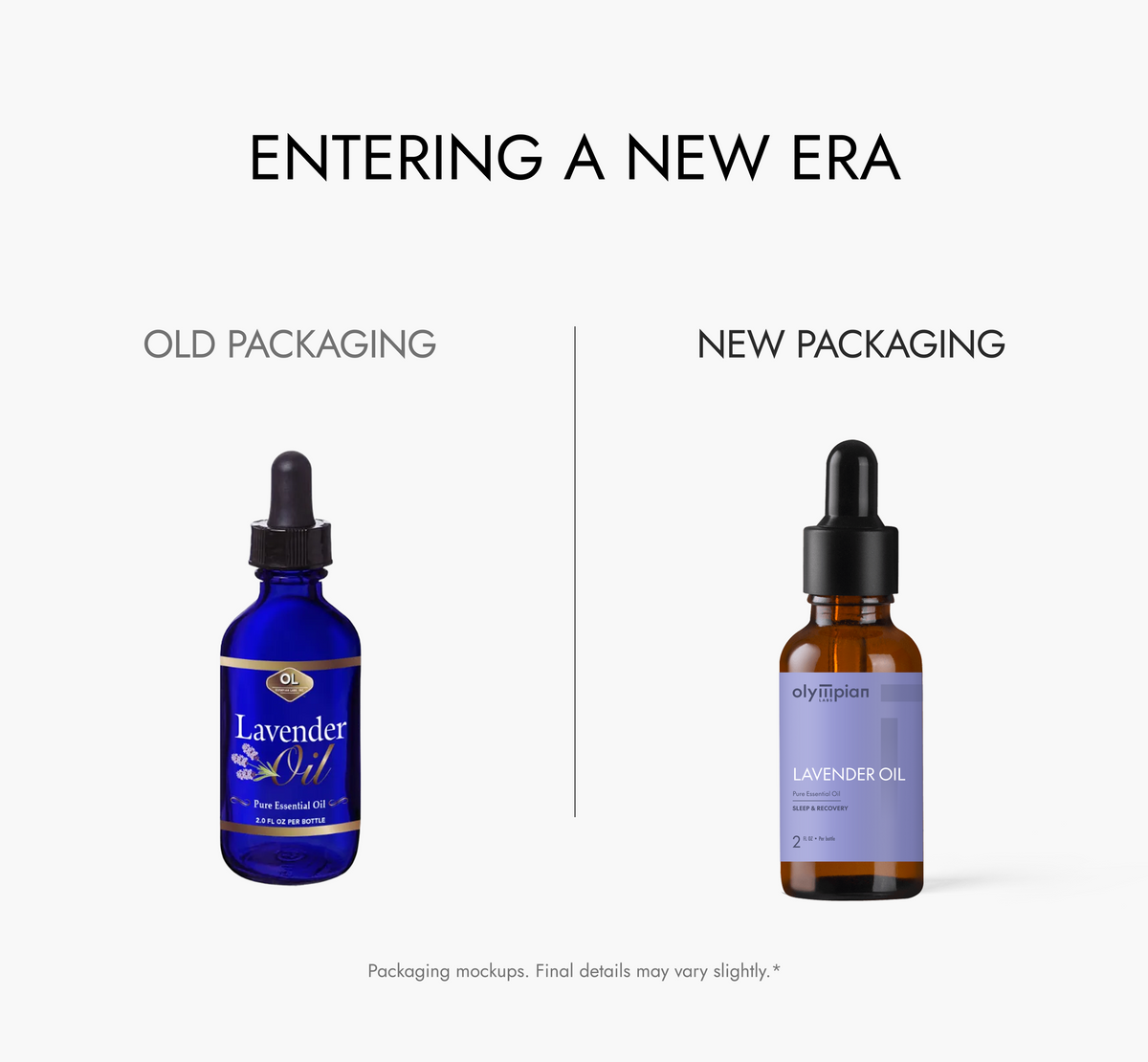 Comparison of old and new packaging for lavender oil dropper bottles on a white background.