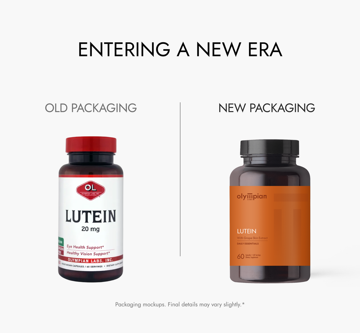 Comparison of old and new Lutein supplement packaging by Olympian Labs on a white background.