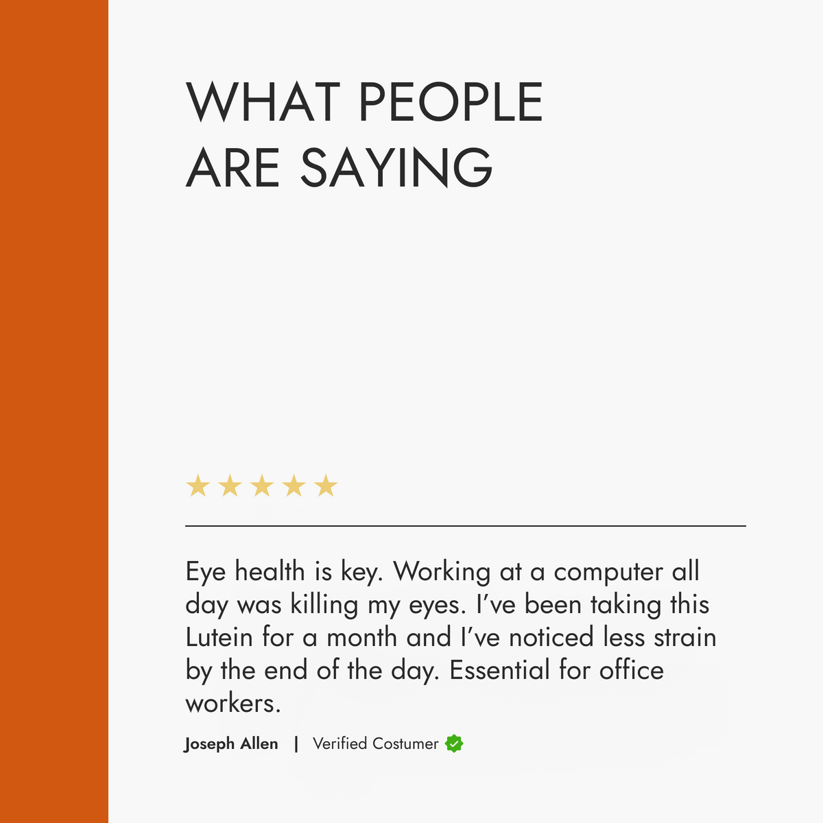 Product review section with a five-star rating and customer testimonial on a white background.