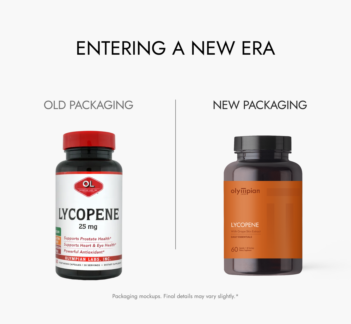 Comparison of old and new Lycopene supplement packaging on a white background.