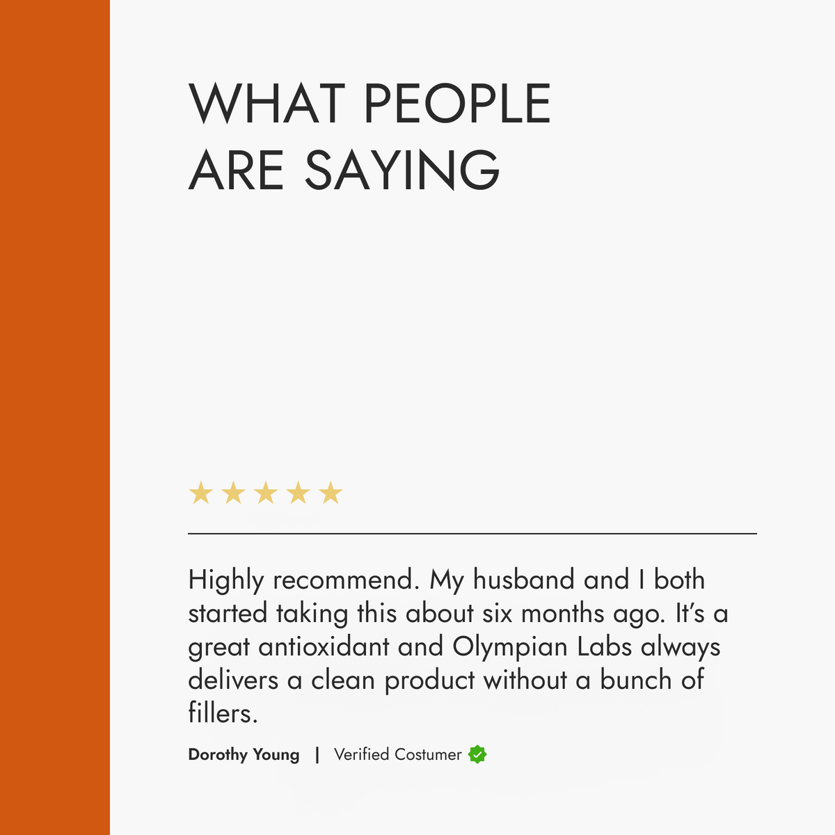 Product review section with a five-star rating and customer comment on a white background.