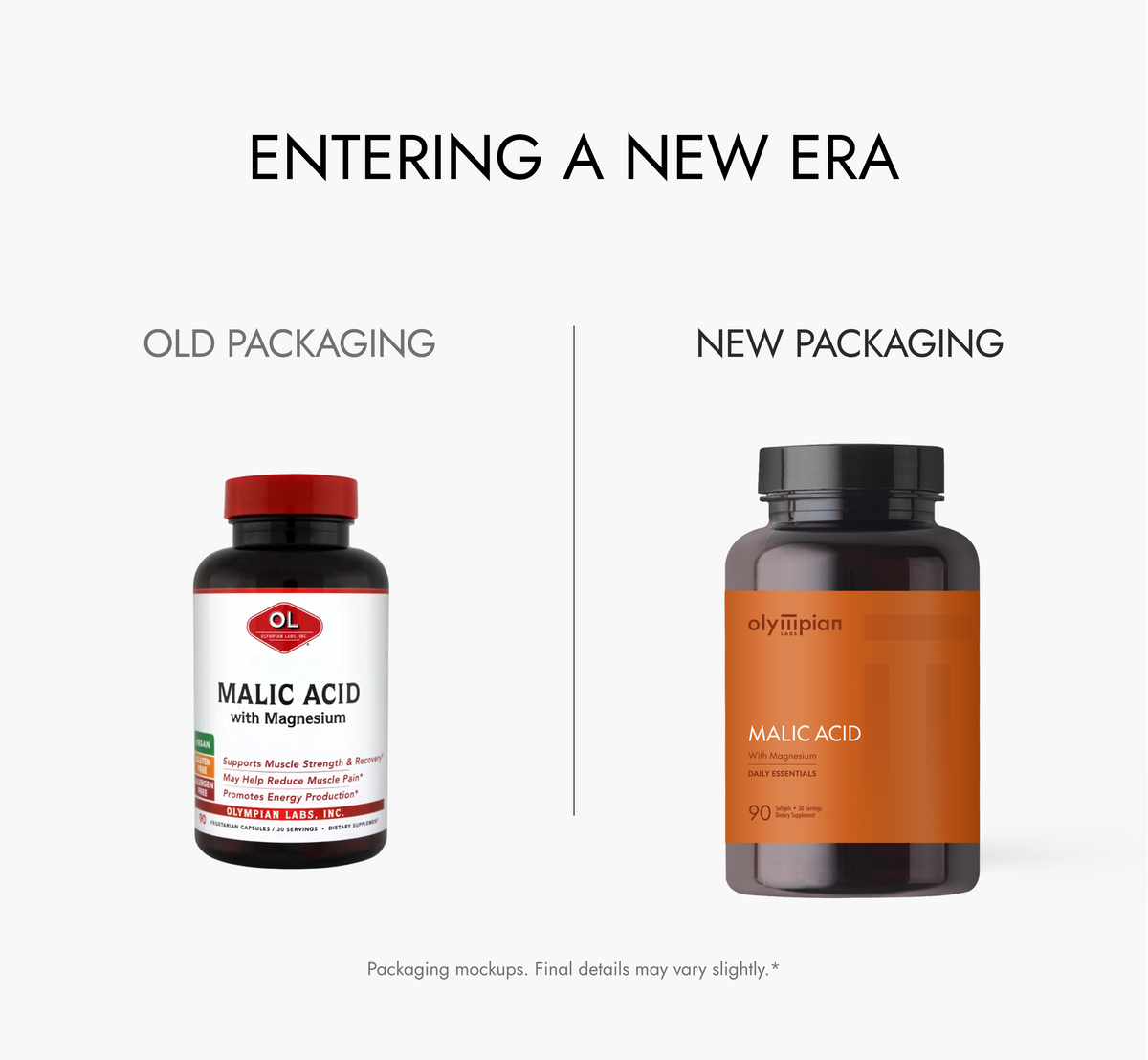 Comparison of old and new packaging for Olympian Labs Malic Acid with Magnesium supplement bottles.