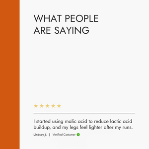 Text on a white background with an orange vertical stripe, featuring a customer review about using malic acid.