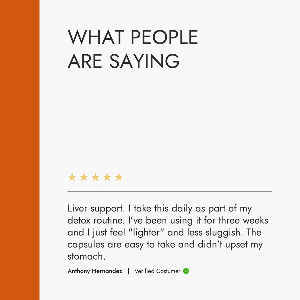 Product review section with a five-star rating and customer testimonial on a white background.