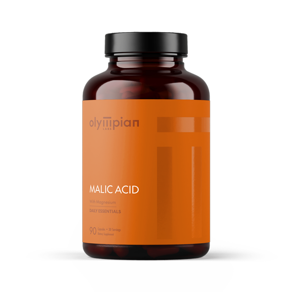 Bottle of Olympian Labs Malic Acid supplement on a white background