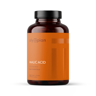 Bottle of Olympian Labs Malic Acid supplement on a white background