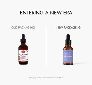Comparison of old and new packaging for a Melatonin product on a white background.