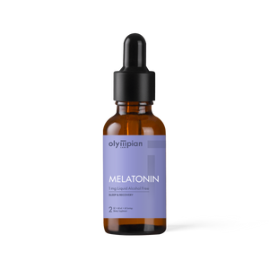 Bottle of Olympian Labs Melatonin with a dropper on a white background