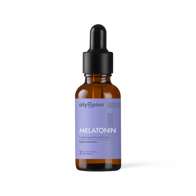 Bottle of Olympian Labs Melatonin with a dropper on a white background