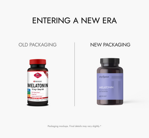 Comparison of old and new Melatonin packaging on a white background