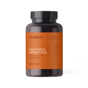 Supplement bottle labeled 'Milk Thistle Extract Plus' by Olympian on an orange label with black cap.