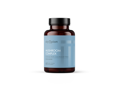 Supplement bottle with blue label on a white background