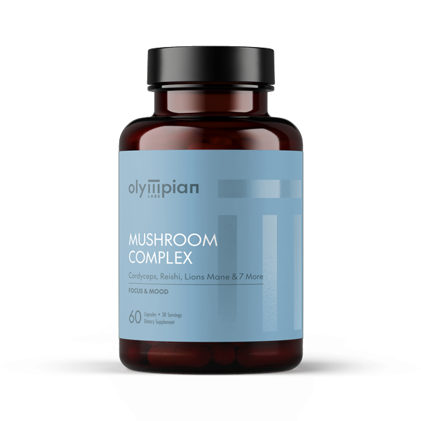 Supplement bottle labeled 'Mushroom Complex' by Olympian on a white background