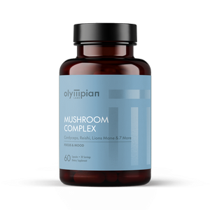 Supplement bottle labeled 'Mushroom Complex' by Olympian on a white background