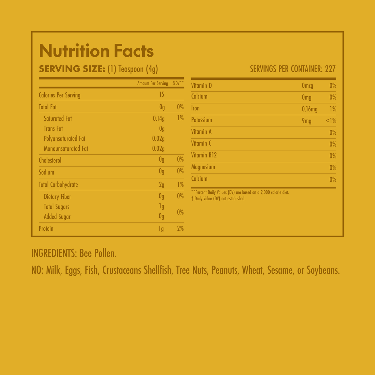 Nutrition facts label for a product with bee pollen on a yellow background