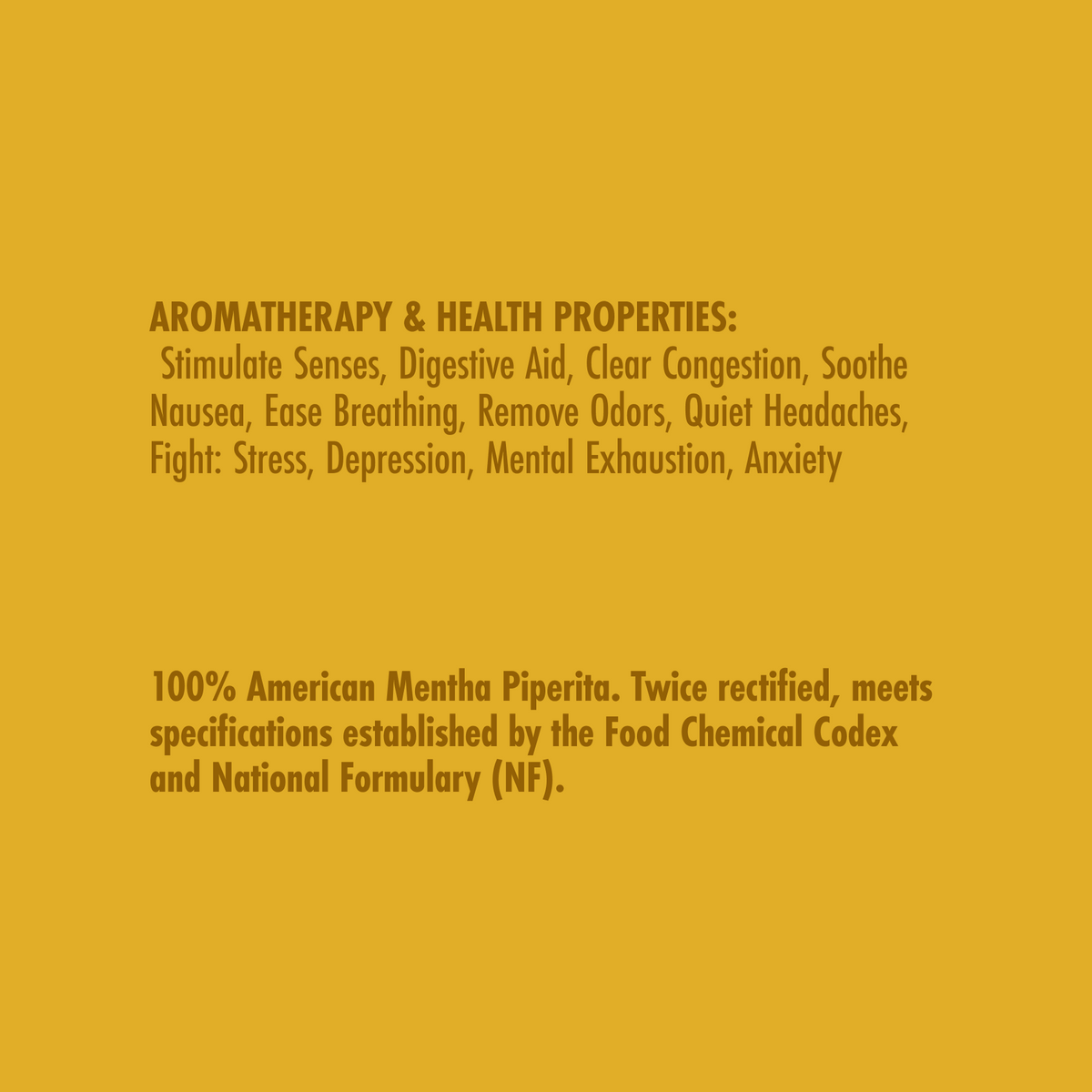 Text detailing aromatherapy properties and product specifications on a yellow background