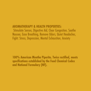 Text detailing aromatherapy properties and product specifications on a yellow background