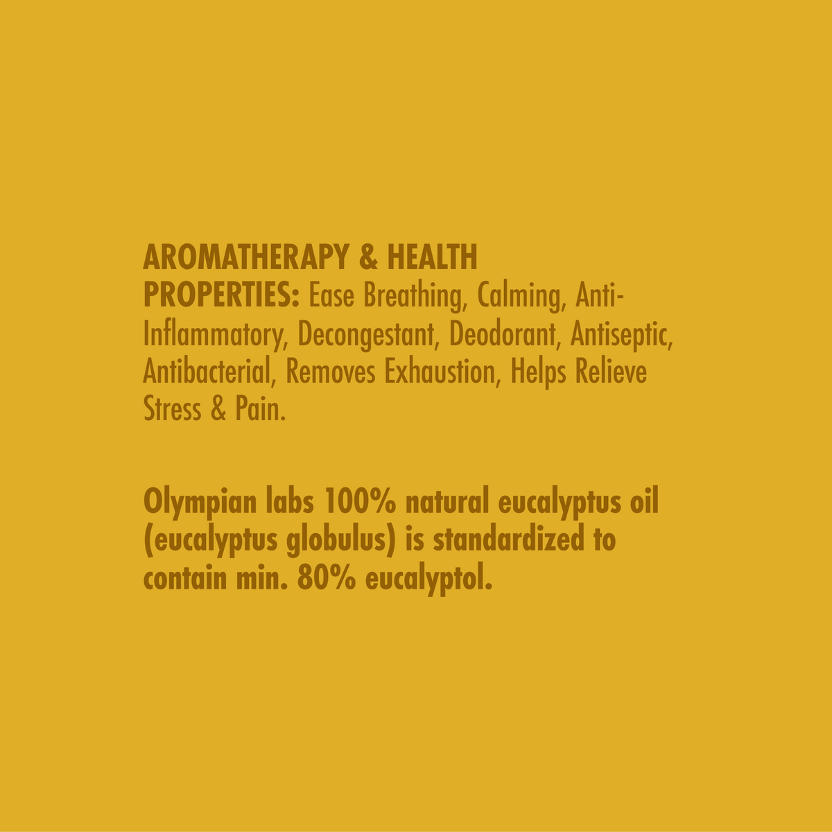 Text on a yellow background describing aromatherapy properties and Olympian Labs eucalyptus oil.
