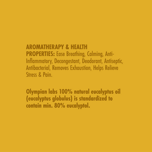 Text on a yellow background describing aromatherapy properties and Olympian Labs eucalyptus oil.
