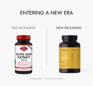 Comparison of old and new packaging for Olive Leaf Extract supplement bottles.