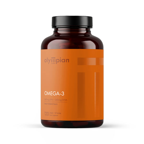 Omega-3 supplement bottle with orange label on a white background