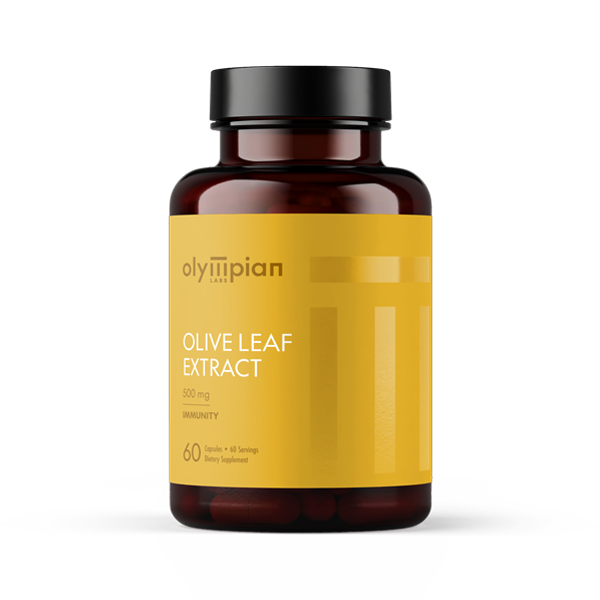 Olive leaf extract supplement bottle with yellow label on a white background