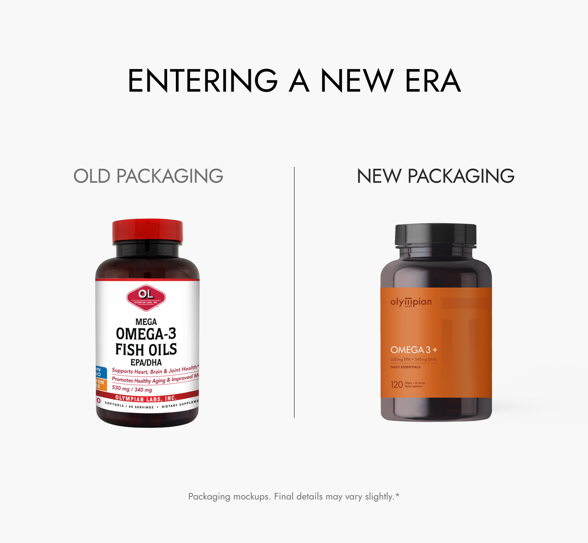 Comparison of old and new Omega-3 packaging on a white background.