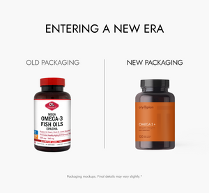 Comparison of old and new Omega-3 packaging on a white background.