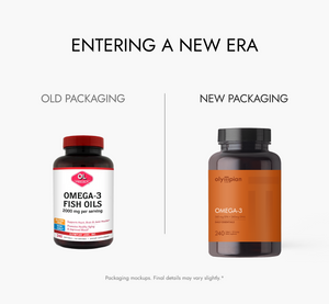 Comparison of old and new packaging for Olympian Labs Omega-3 Fish Oils on a white background.