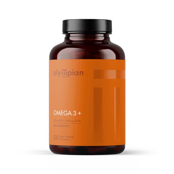 Omega 3 supplement bottle with orange label on a white background
