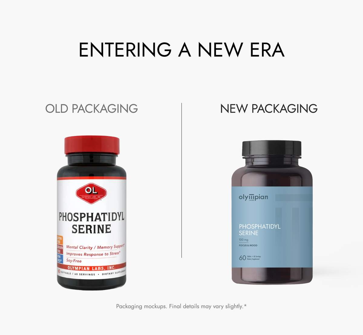 Comparison of old and new packaging for a supplement bottle labeled 'Phosphatidyl Serine'.
