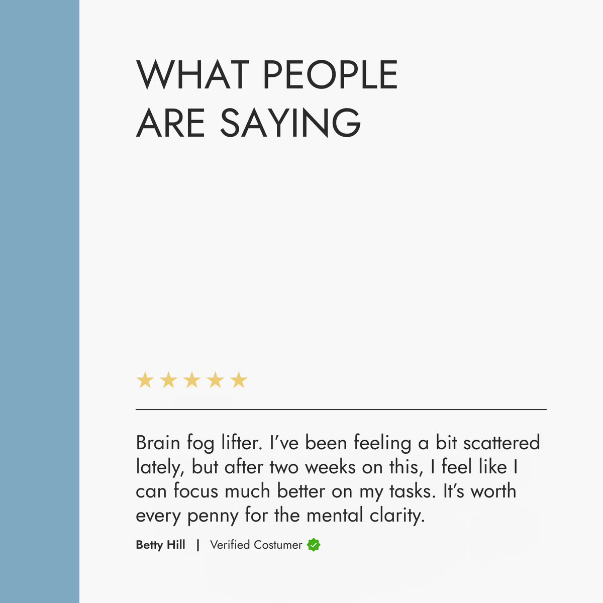 Product review section with a five-star rating and customer feedback on a white background.